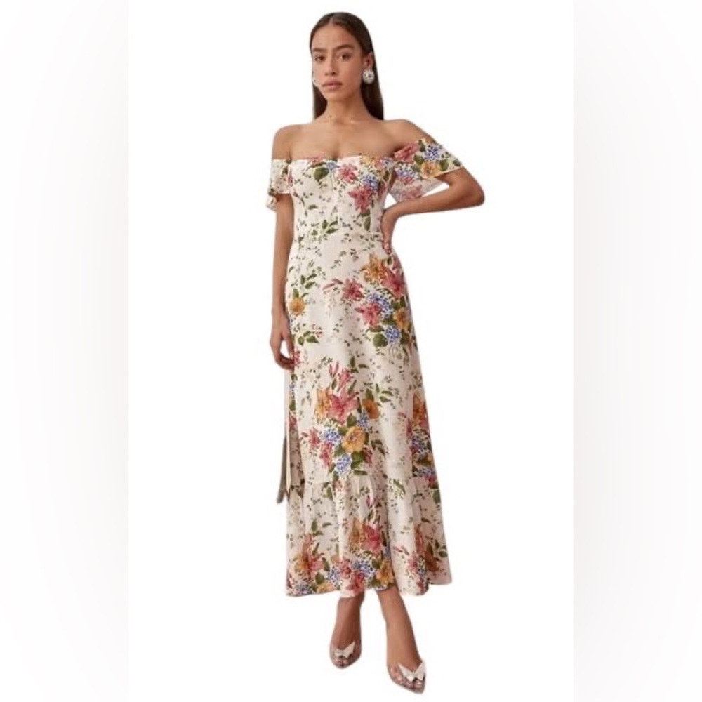 Reformation Cream Floral Ruffle-Shoulder Maxi Dress